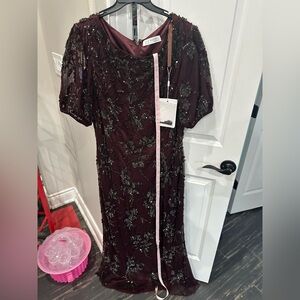 Mac Duggal Burgundy Beaded Long Sleeve Dress